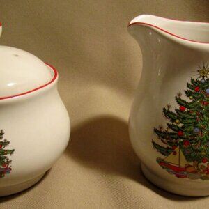 Cuthbertson American Christmas Tree Sugar Bowl with Lid & Creamer Set EXCELLENT